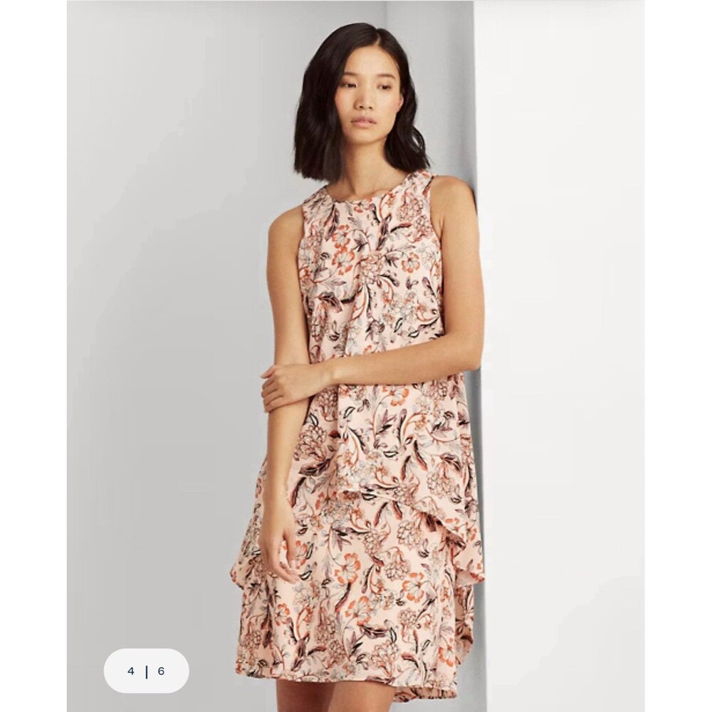 Lauren Ralph Lauren Floral Layered Crepe Dress Peach Pink Women’s Size 16